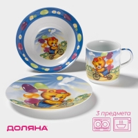 Набор детской посуды из керамики Доляна «Мишка на велосипеде», 3 предмета: кружка 230 мл, миска 400 мл, тарелка d=18 см Набор детской посуды из керамики Доляна «Мишка на велосипеде», 3 предмета: кружка 230 мл, миска 400 мл, тарелка d=18 см