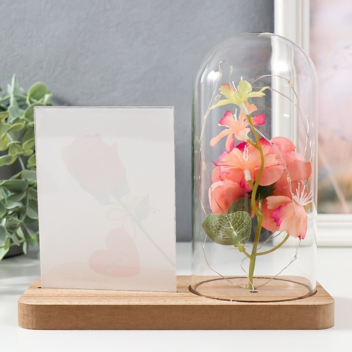 Фоторамка 9х13 см свет "Розовая роза в колбе" от батареек 2хLR1130 9,8х19,5х18 см