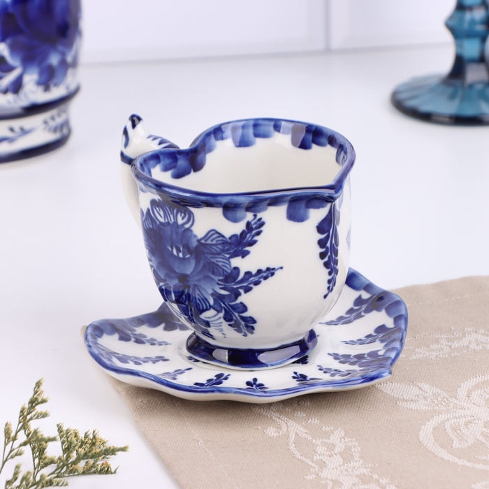 Чайная пара гжель «Кофейная», бело-синий,керамика, Чайная пара гжель «Кофейная», бело-синий,керамика,
