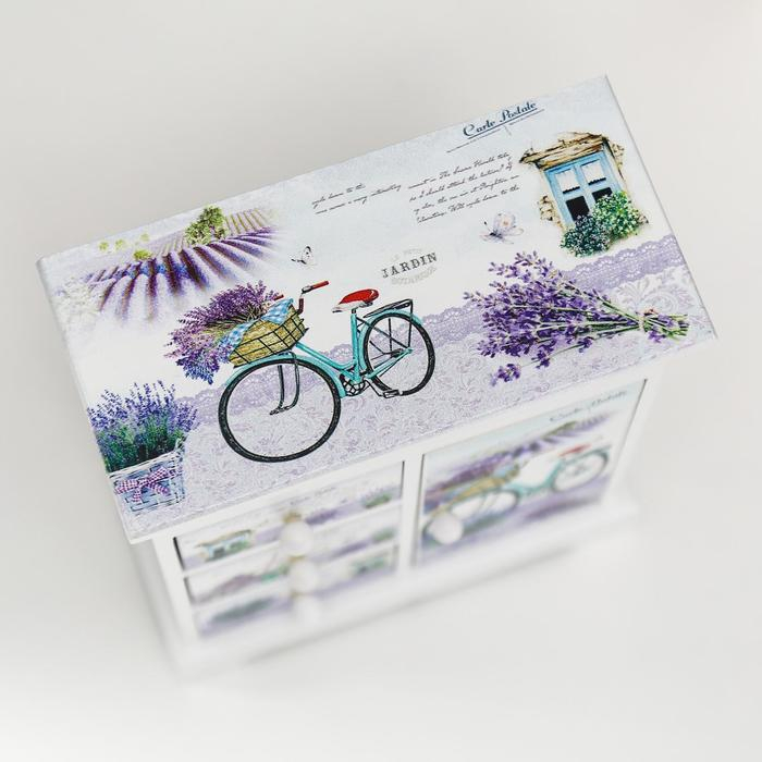 Шкатулка дерево комод 3 ящика+дверка Шкатулка дерево комод 3 ящика+дверка "Лавандовое поле" 18,8х16,1х8,2 см