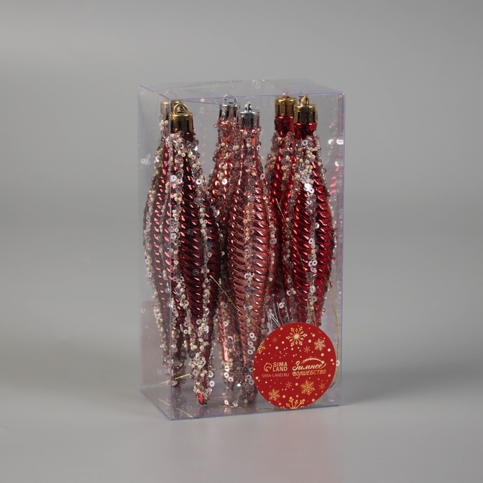 Украшение ёлочное "Сосулька нить блеск" (набор 6 шт) 15.5х3 см, розовый красный