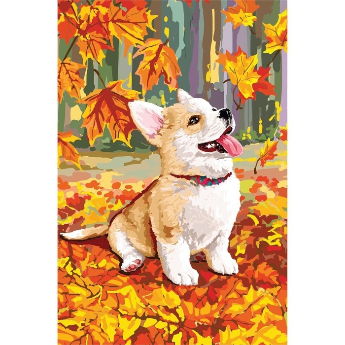 Алмазная мозаика с полным заполнением на холсте &laquo;Щенок и осень&raquo;, 15 х 21 см