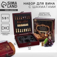 Винный набор: нож-сомелье со штопором, каплеуловитель, нож для фольги и пробка для вина с шахматами &laquo;Золотому человеку&raquo;.