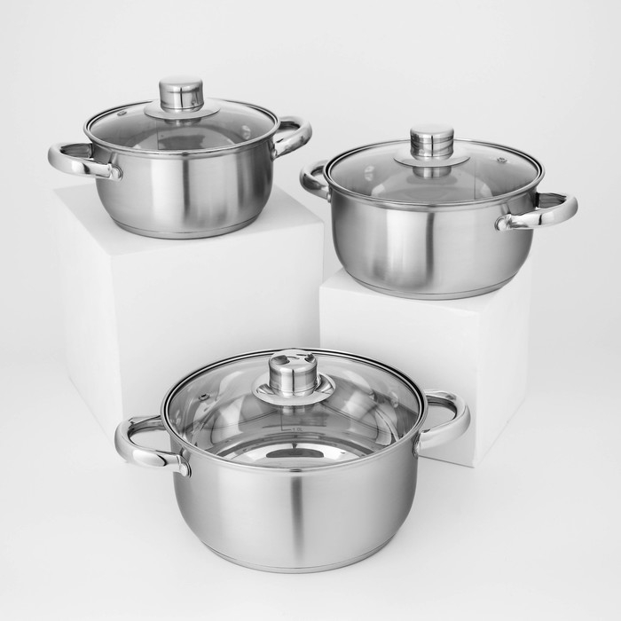 Набор кастрюль из нержавеющей стали Доляна &laquo;Гретте&raquo;, 3 предмета: 1,6 л, 2,3 л, 3,2 л, крышки