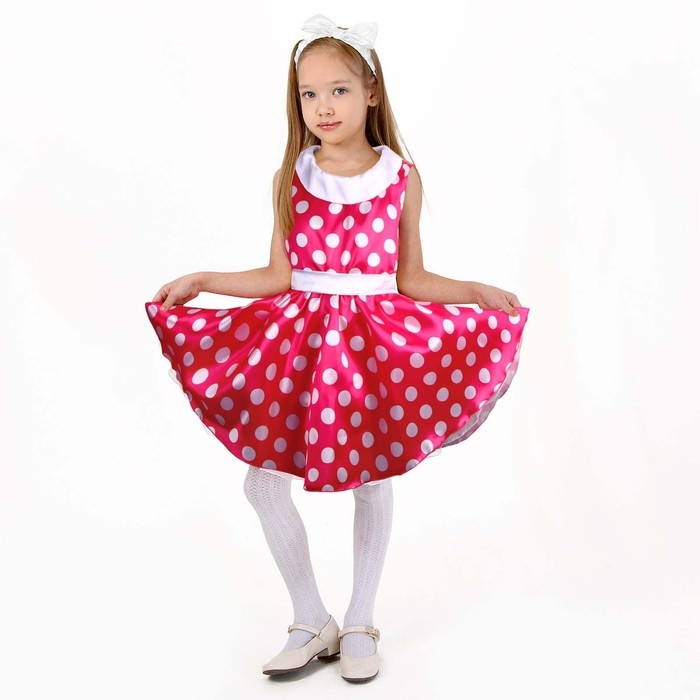 Карнавальный костюм &laquo;Стиляги 6&raquo;, платье фуксия в белый горох, повязка, р. 34, рост 134 см