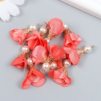 Декор для творчества текстиль "Цветок с жемчужиной. Коралловый" набор 10 шт 2,5 см