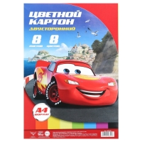 Картон цветной тонированный, А4, 8 листов, 8 цветов, немелованный, двусторонний, в пакете, 180 г/м&sup2;, Тачки