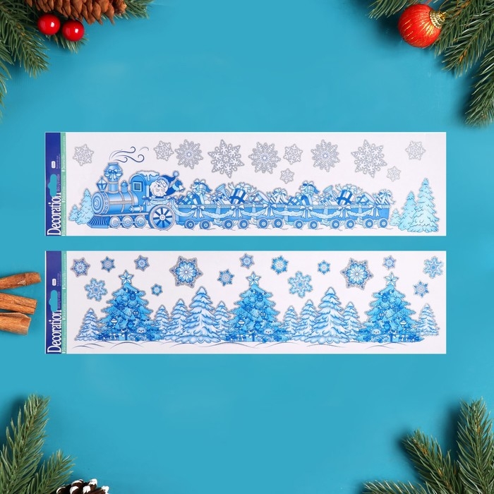 Наклейки на окна Наклейки на окна "Новогодние" снежинки, ёлки, 60 х 15 см,