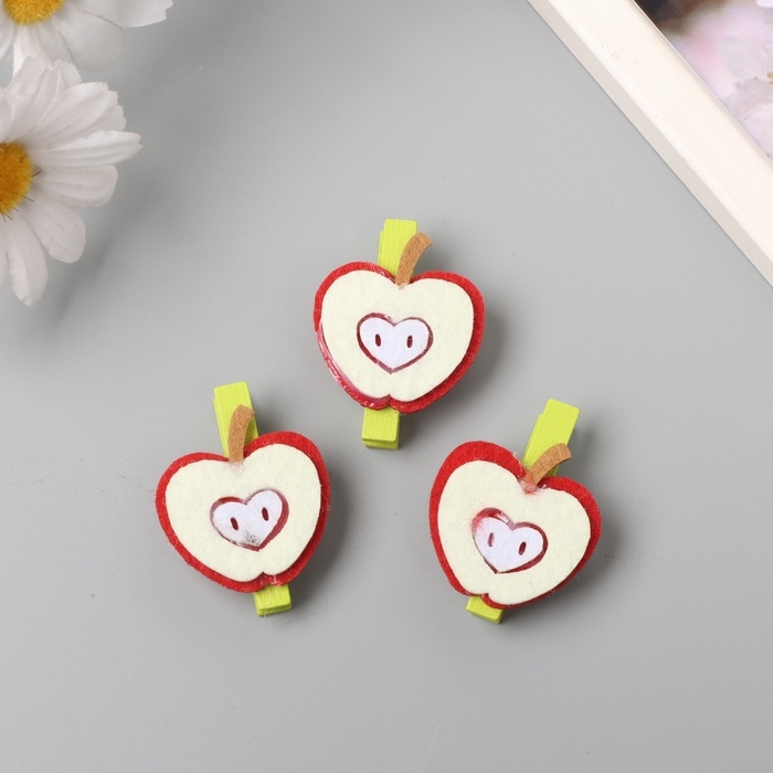 Декор для творчества дерево, фетр Декор для творчества дерево, фетр "Прищепка. Половинка яблока" набор 3 шт 1,3х3,5х4,8 см