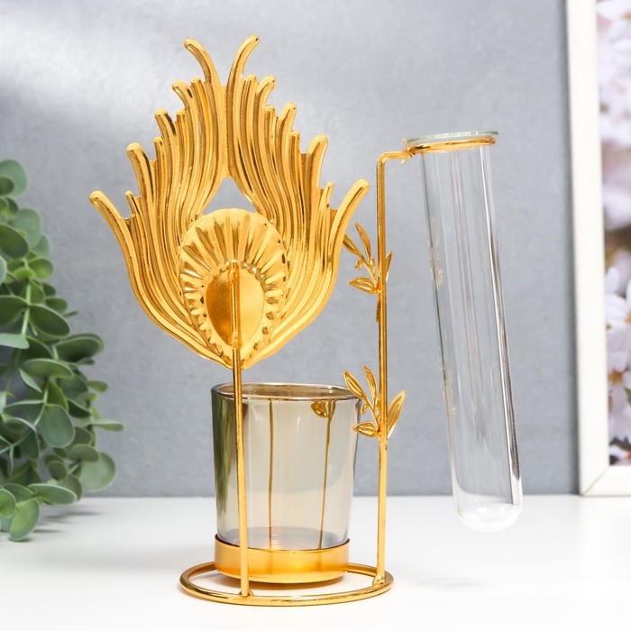 Подсвечник металл, стекло на 1 свечу с вазой Подсвечник металл, стекло на 1 свечу с вазой "Золотое перо павлина" d-5 см, 7,5х12х17,5 см