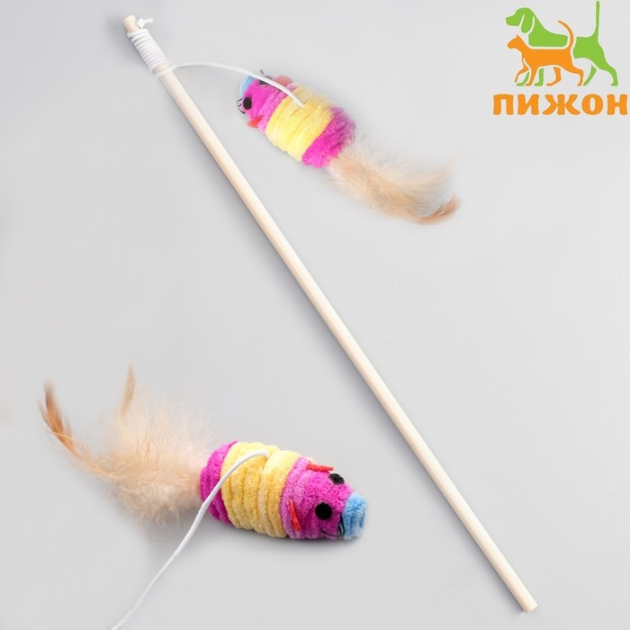 Дразнилка с махровой мышкой (7 см) на деревянной палочке, 40 см, микс цветов Дразнилка с махровой мышкой (7 см) на деревянной палочке, 40 см, микс цветов