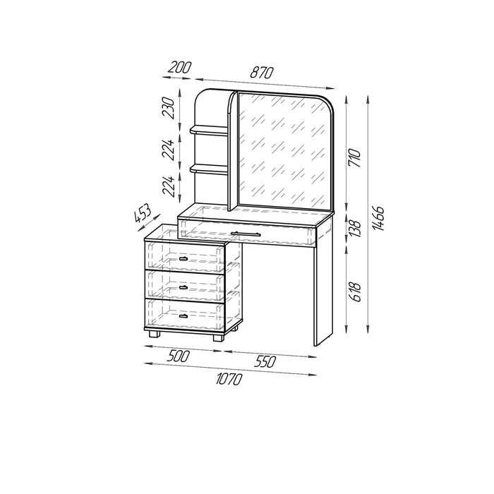 Стол туалетный Стол туалетный "Оливия", 1070х453х1466, Дуб Крафт Серый/Скандинавское дерево белое