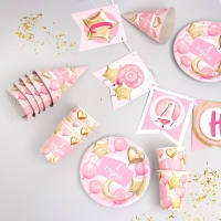 Набор бумажной посуды одноразовый 1 годик, девочки. Шары&raquo;, 6 тарелок, 6 стаканов, 6 колпаков, 1 гирлянда