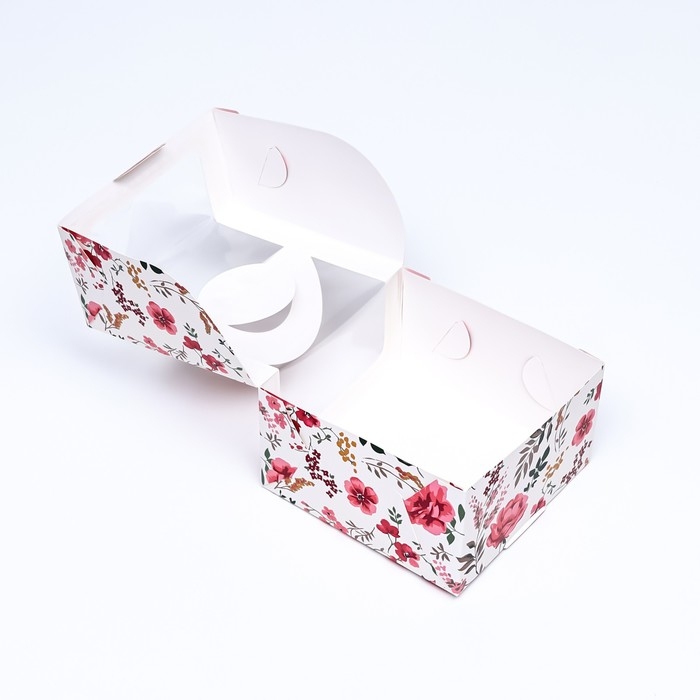 Коробка под бенто-торт с окном Коробка под бенто-торт с окном "Цветочная роспись", 14 х 14 х 8 см