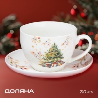 Новогодняя чайная пара Доляна &laquo;Волшебное дерево&raquo;, 2 предмета: чашка 210 мл, блюдце d=15 см, фарфор, цвет белый