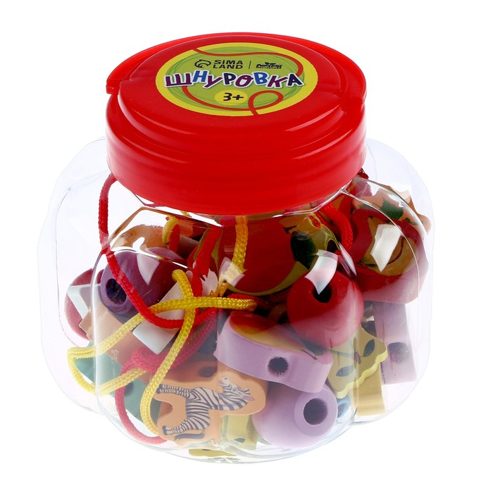 Шнуровка в банке 40 деталей Шнуровка в банке 40 деталей "Цветы,фигуры,сердца", 2 иглы дерев , 2 шнурка, цвета МИКС, шнурок 90 см