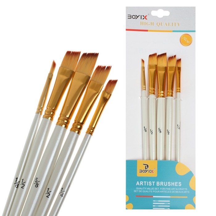 Набор кистей синтетика, 5 штук (№1/8,3/8,5/8,1/2,1/4), плоские, скошенные, в блистере