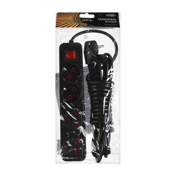 Удлинитель Luazon Lighting, 2 евро+2 унив.роз., 5 м, 2200 Вт, 2х0.5 мм2, с выкл., черный Удлинитель Luazon Lighting, 2 евро+2 унив.роз., 5 м, 2200 Вт, 2х0.5 мм2, с выкл., черный