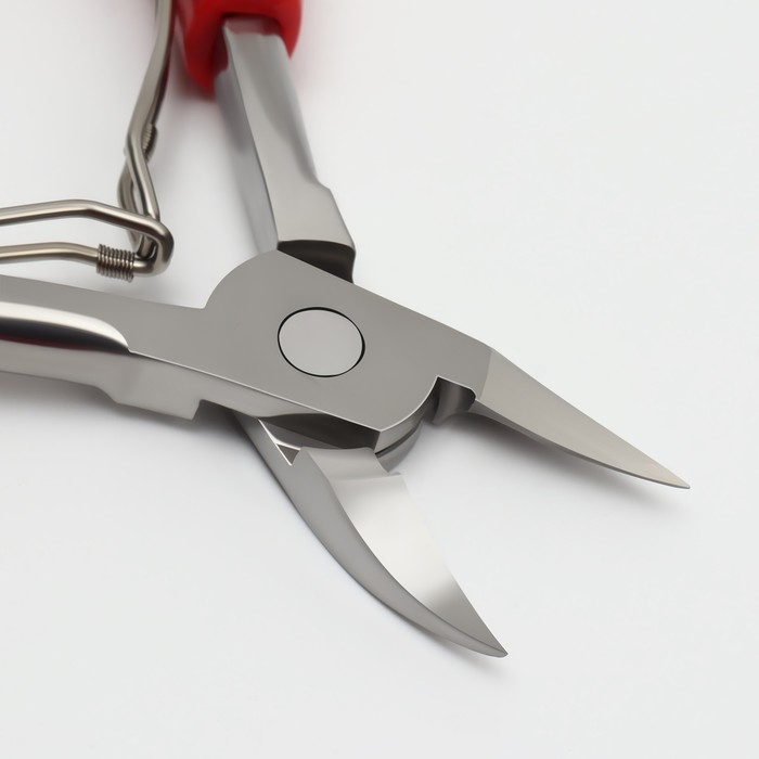 Кусачки педикюрные со скрытой пружиной, с пластиковой ручкой, изогнутое лезвие, 13 см, длина лезвия - 17 мм, цвет серебристый/красный Кусачки педикюрные со скрытой пружиной, с пластиковой ручкой, изогнутое лезвие, 13 см, длина лезвия - 17 мм, цвет серебристый/красный