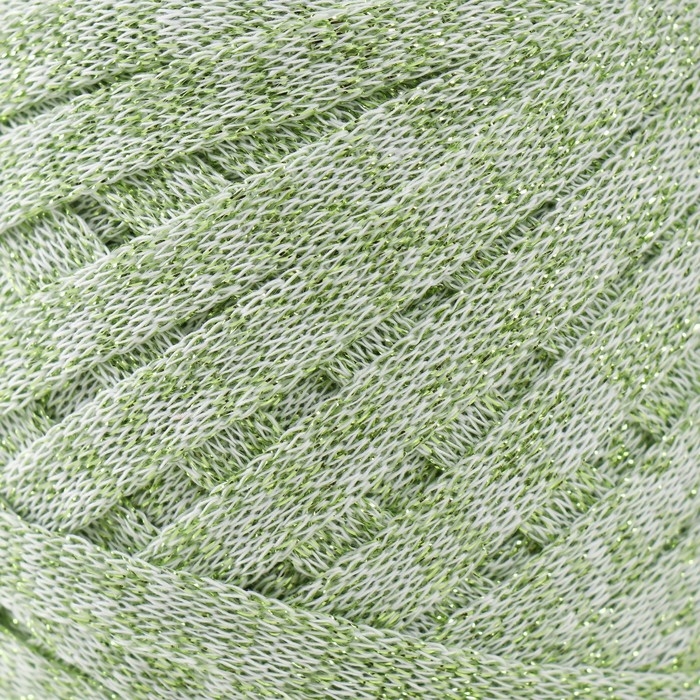 Трикотажная пряжа "Риббон" с люрексом 85м/170&plusmn;5 гр (Белый, люрекс: Салатовый)