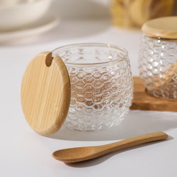 Набор банок стеклянных для сыпучих продуктов на деревянной подставке «Эко», 300 мл, с ложками, 3 шт Набор банок стеклянных для сыпучих продуктов на деревянной подставке «Эко», 300 мл, с ложками, 3 шт