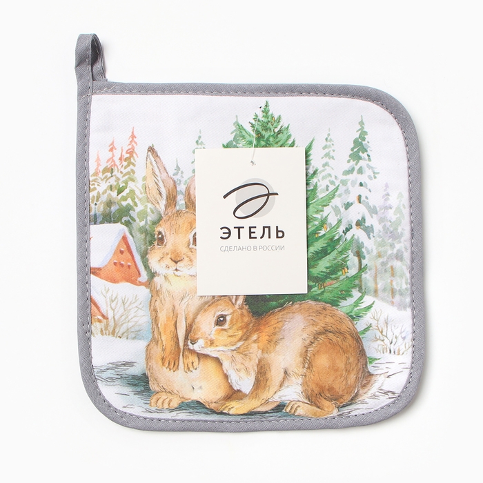 Прихватка "Новогодние зайчики" саржа, 19х19см,100% х/л,ватин 250г/м2