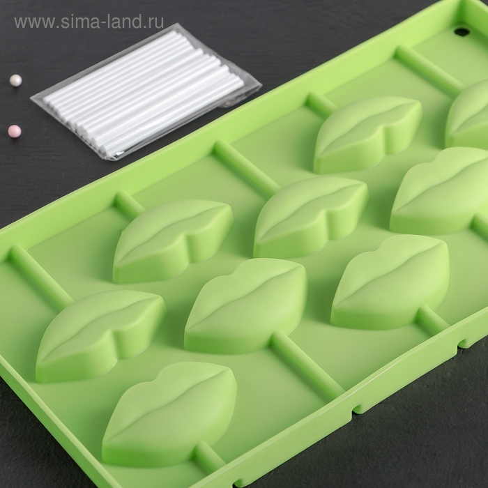 Форма леденцов Доляна &laquo;Поцелуй&raquo;, силикон, 28,5&times;16 см, 10 ячеек (6&times;3см), с палочками, цвет МИКС