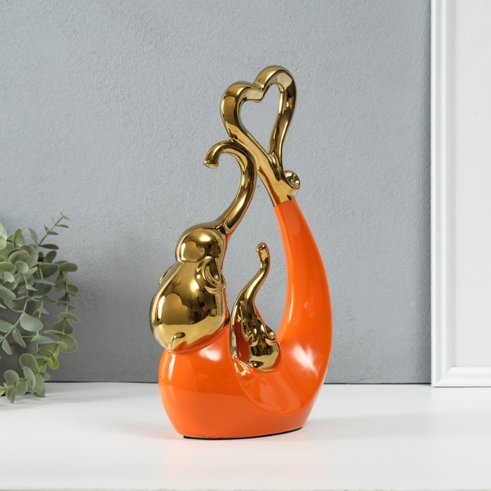 Сувенир керамика "Слоники с сердцем. Абстракция" оранжевый с золотом 7х18,5х25,5 см