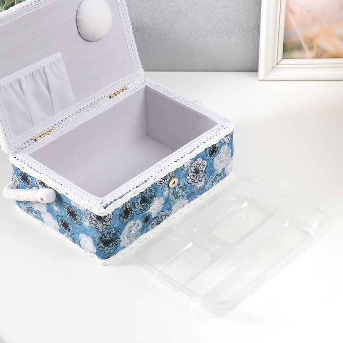 Шкатулка для рукоделия "Чёрно-белые цветы на голубом" 24х16х11 см