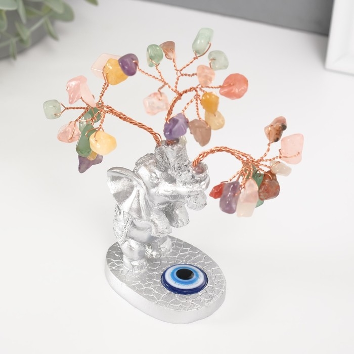 Сувенир бонсай Сувенир бонсай "Серебристый слон с денежным деревом" цветные 36 камней 6,2х4,5х13,5 см