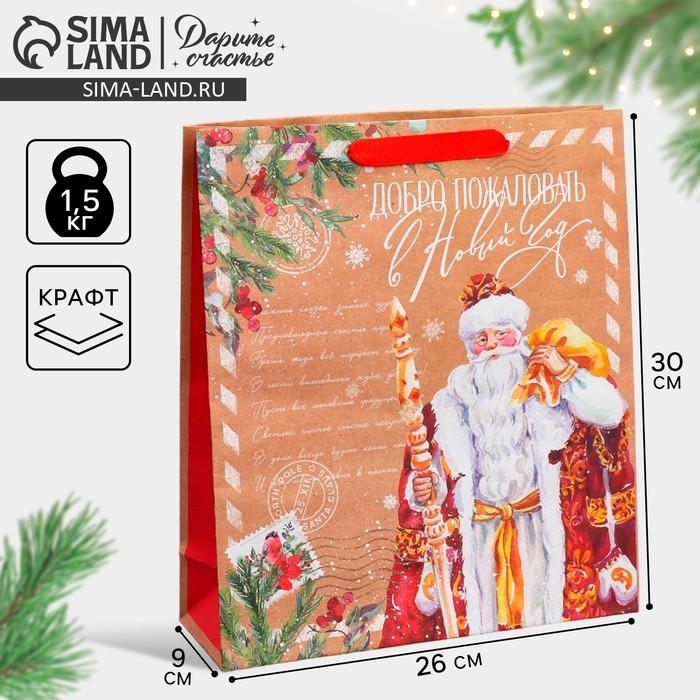 Пакет подарочный новогодний крафтовый вертикальный &laquo;Почта Деда Мороза&raquo;, M 26 х 30 х 9 см, Новый год