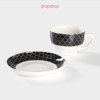 Чайная пара фарфоровая Доляна &laquo;Марокко&raquo;, 2 предмета: чашка 280 мл, блюдце d=15 см, цвет белый и чёрный