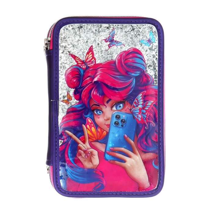 Пенал 2 секции, 130 х 205 мм, искусственная кожа, Феникс "Девушка с телефоном"