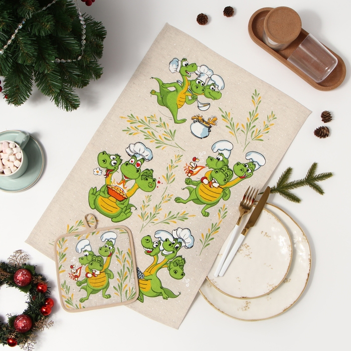 Кухонный набор "Змей Горыныч" (полот. 39х60 + прихв. 14х22см) 160г/м, лен50% хл50%