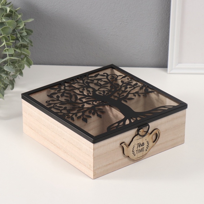 Шкатулка дерево с делениями "Время для чая" 20,2х20,2х7,3 см