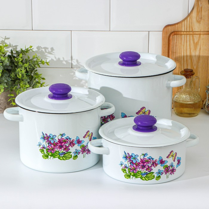 Набор кастрюль &laquo;Фиалка&raquo;, 3 предмета: 2 л, 3.5 л, 5.5 л, эмалированные крышки, индукция, цвет МИКС