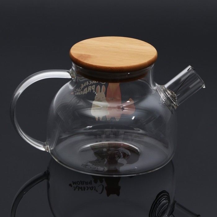 Чайник стеклянный заварочный с бамбуковой крышкой &laquo;Счастье рядом&raquo;, 800 мл