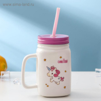 Кружка керамическая с металлической крышкой и трубочкой «Единорог», 450 мл, цвет МИКС Кружка керамическая с металлической крышкой и трубочкой «Единорог», 450 мл, цвет МИКС