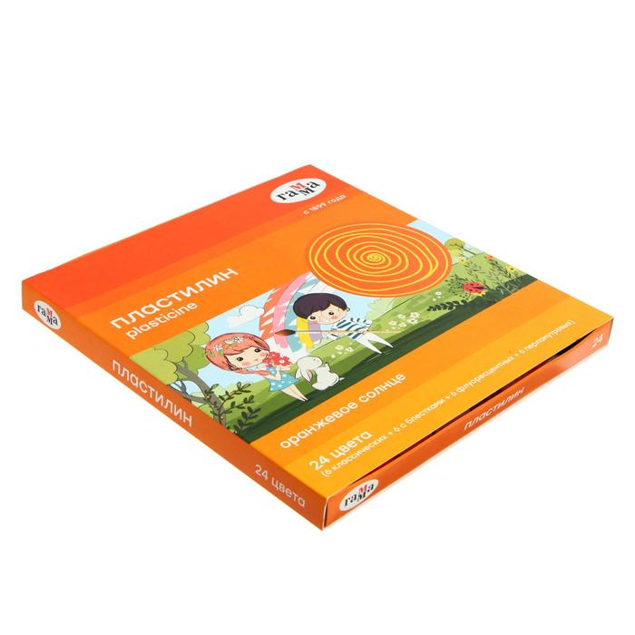 Пластилин 24 цвета 312 г (6 классических, 6 с блёстками, 6 перламутровых, 6 флуоресцентных) Пластилин 24 цвета 312 г (6 классических, 6 с блёстками, 6 перламутровых, 6 флуоресцентных) "Гамма" "Оранжевое солнце", со стеком
