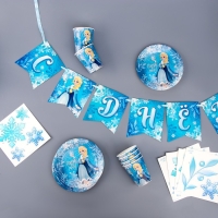 Набор бумажной посуды одноразовый декор &laquo;Холодная принцесса&raquo;, 6 тарелок, 6 стаканов, 1 гирлянда, декор