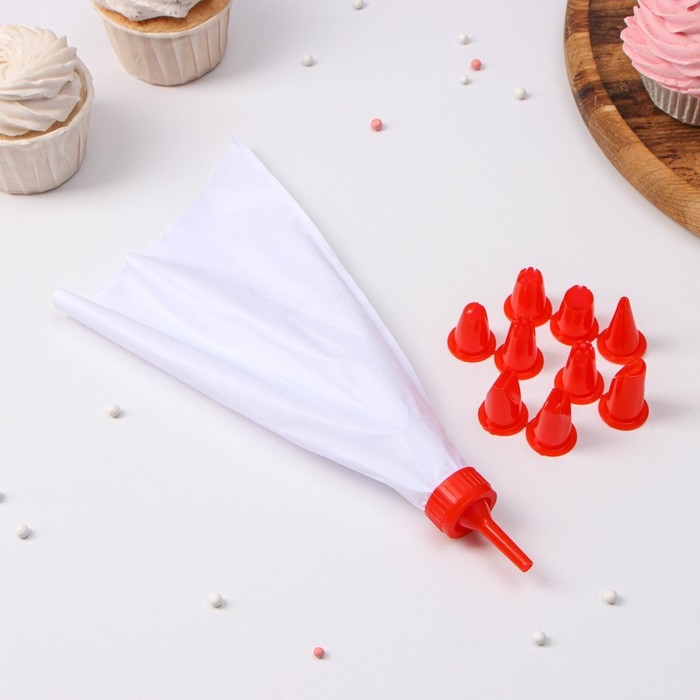 Набор кондитерский Доляна &laquo;Помощник&raquo;, 11 предметов: мешок, 10 насадок, 28&times;19&times;3 см, насадки МИКС