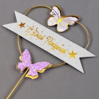 Топпер «С днём рождения», бабочки в сердце, цвет фиолетовый Топпер «С днём рождения», бабочки в сердце, цвет фиолетовый