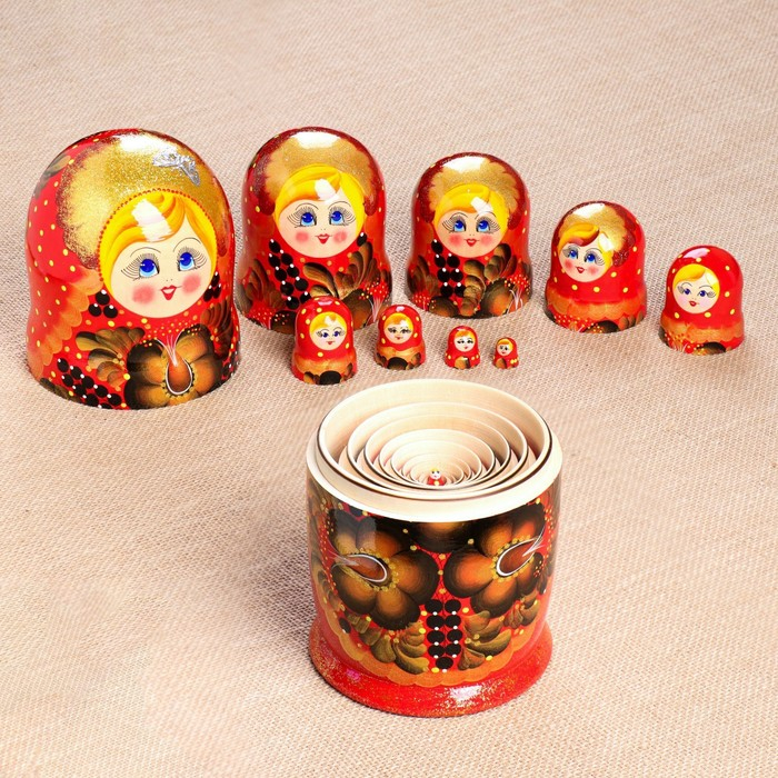 Матрёшка &laquo;Золотые цветы&raquo;, красное платье, 10 кукольная. 26 см
