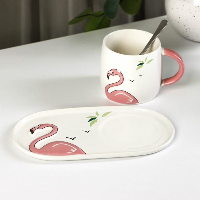 Чайная пара керамическая &laquo;Тропики&raquo;, 300 мл, подставка 21&times;11,5, ложка