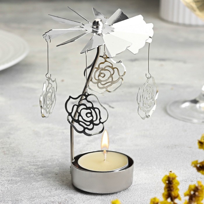 Подсвечник вращающийся "Карусель с цветами", серебряная, металл