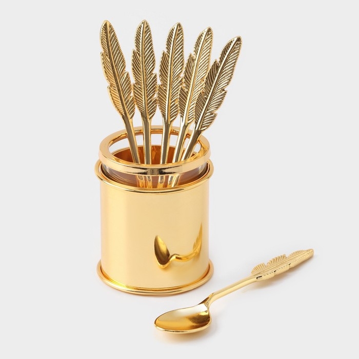 Набор ложек на подставке &laquo;Авалон. Перо&raquo;, 5,5&times;5,5&times;7,5 см, 6 шт, цвет золотой