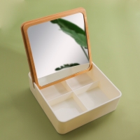 Бокс для хранения косметических принадлежностей, с зеркалом, 4 секции, 15 &times; 15 &times; 5 см, цвет белый/коричневый