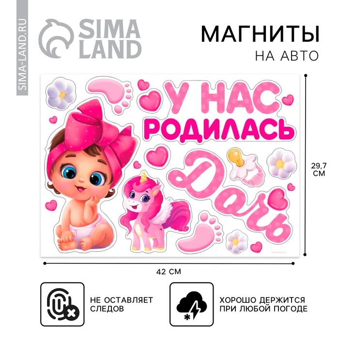 Набор магнитов на авто &laquo;У нас родилась дочь&raquo;, на выписку, 42 см х 29,7 см