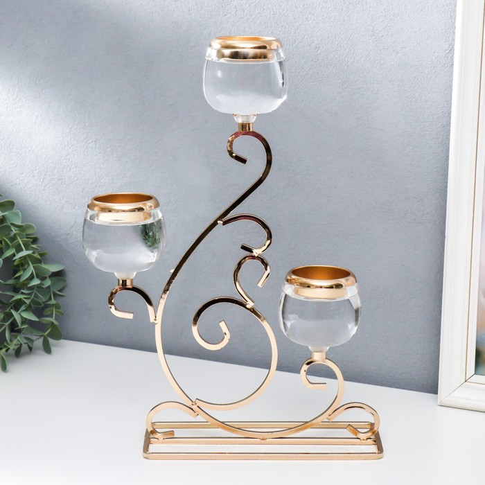 Подсвечник металл, акрил на 3 свечи Подсвечник металл, акрил на 3 свечи "Гранде" золото 25х8х36 см