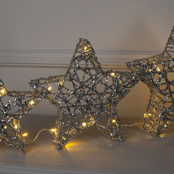 Светодиодная фигура &laquo;Звёзды серебристые&raquo; 20, 25, 30 см, металл, 220 В, свечение тёплое белое